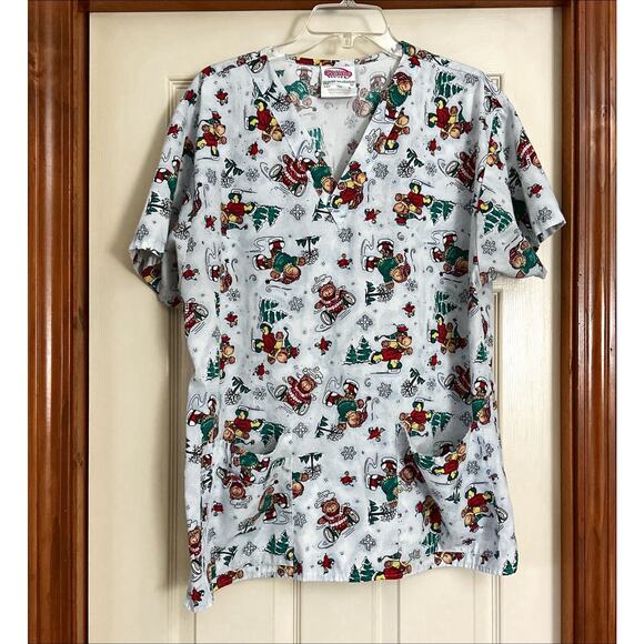 Scrub Wear Winter Ice-Skating Bears Print Scrub Top Size Large - Picture 1 of 4